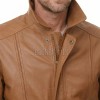 Men Tan Leather Jacket - Premium Sheepskin Bomber Coat Turn Down Shirt Collar Camel Multi Vertical Panel Fly Front Windbreaker Casual Men