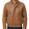 Men Tan Leather Jacket - Premium Sheepskin Bomber Coat Turn Down Shirt Collar Camel Multi Vertical Panel Fly Front Windbreaker Casual Men