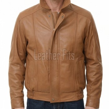 Men Tan Leather Jacket - Premium Sheepskin Bomber Coat Turn Down Shirt Collar Camel Multi Vertical Panel Fly Front Windbreaker Casual Men
