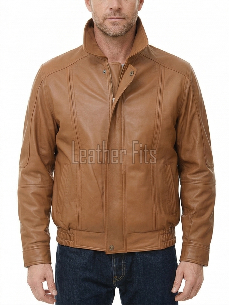 Men Tan Leather Jacket - Premium Sheepskin Bomber Coat Turn Down Shirt Collar Camel Multi Vertical Panel Fly Front Windbreaker Casual Men