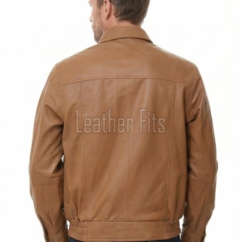 Men Tan Leather Jacket - Premium Sheepskin Bomber Coat Turn Down Shirt Collar Camel Multi Vertical Panel Fly Front Windbreaker Casual Men