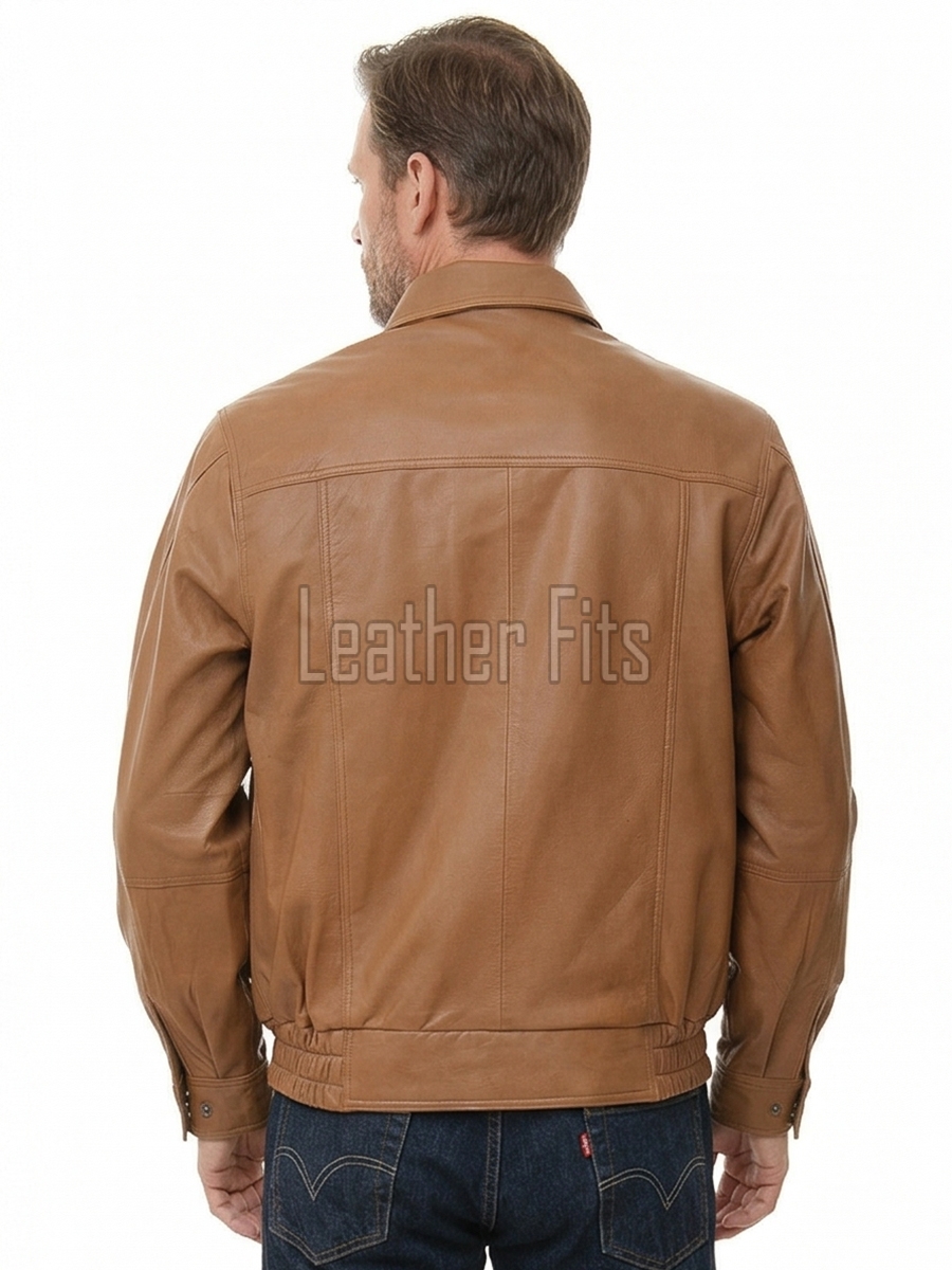 Men Tan Leather Jacket - Premium Sheepskin Bomber Coat Turn Down Shirt Collar Camel Multi Vertical Panel Fly Front Windbreaker Casual Men