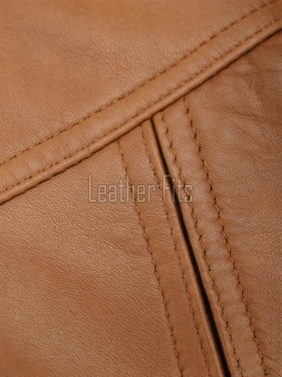 Men Tan Leather Jacket - Premium Sheepskin Bomber Coat Turn Down Shirt Collar Camel Multi Vertical Panel Fly Front Windbreaker Casual Men