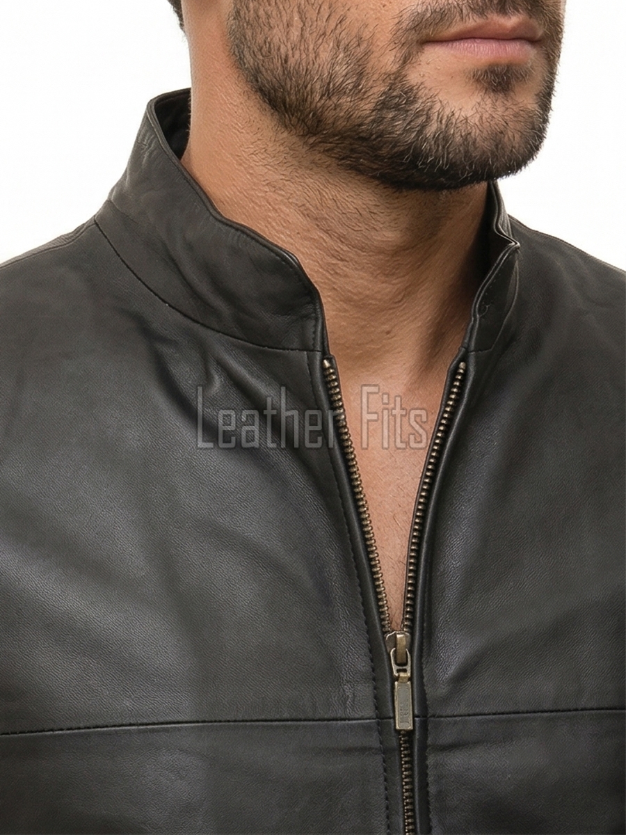 Men Black Leather Jacket - Premium Sheepskin Sleek Mandarin Stand Collar Minimalist Horizontal Seam Center Zip Casual Lightweight Coat