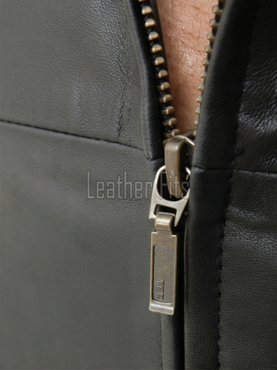 Men Black Leather Jacket - Premium Sheepskin Sleek Mandarin Stand Collar Minimalist Horizontal Seam Center Zip Casual Lightweight Coat