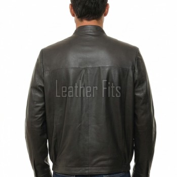 Men Black Leather Jacket - Premium Sheepskin Sleek Mandarin Stand Collar Minimalist Horizontal Seam Center Zip Casual Lightweight Coat
