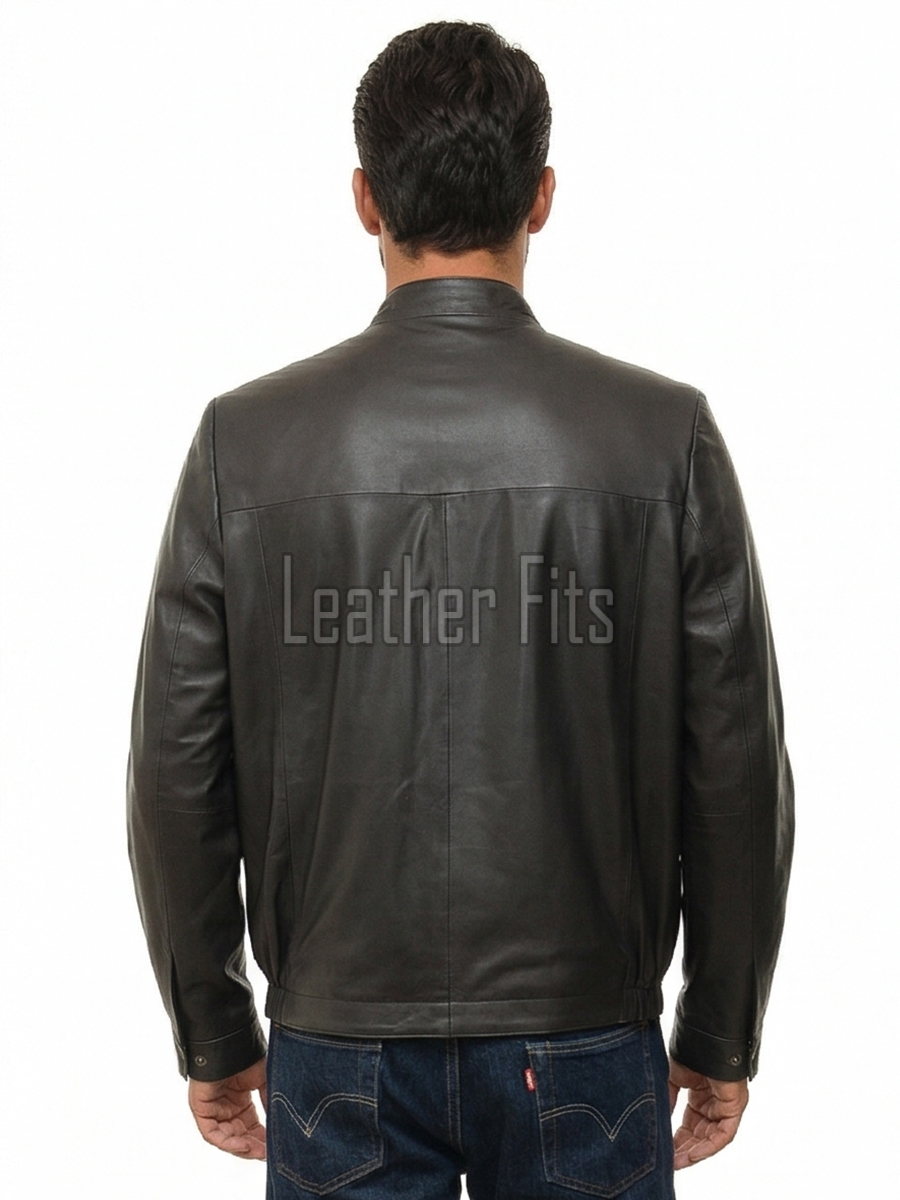 Men Black Leather Jacket - Premium Sheepskin Sleek Mandarin Stand Collar Minimalist Horizontal Seam Center Zip Casual Lightweight Coat