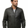 Men Black Leather Jacket - Premium Sheepskin Sleek Mandarin Stand Collar Minimalist Horizontal Seam Center Zip Casual Lightweight Coat