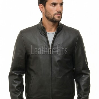 Men Black Leather Jacket - Premium Sheepskin Sleek Mandarin Stand Collar Minimalist Horizontal Seam Center Zip Casual Lightweight Coat