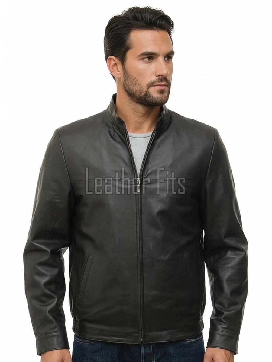 Men Black Leather Jacket - Premium Sheepskin Sleek Mandarin Stand Collar Minimalist Horizontal Seam Center Zip Casual Lightweight Coat