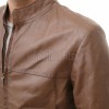 Men Brown Leather Jacket - Premium Sheepskin Sleek Mandarin Stand Collar Minimalist Horizontal Seam Center Zip Casual Lightweight Coat