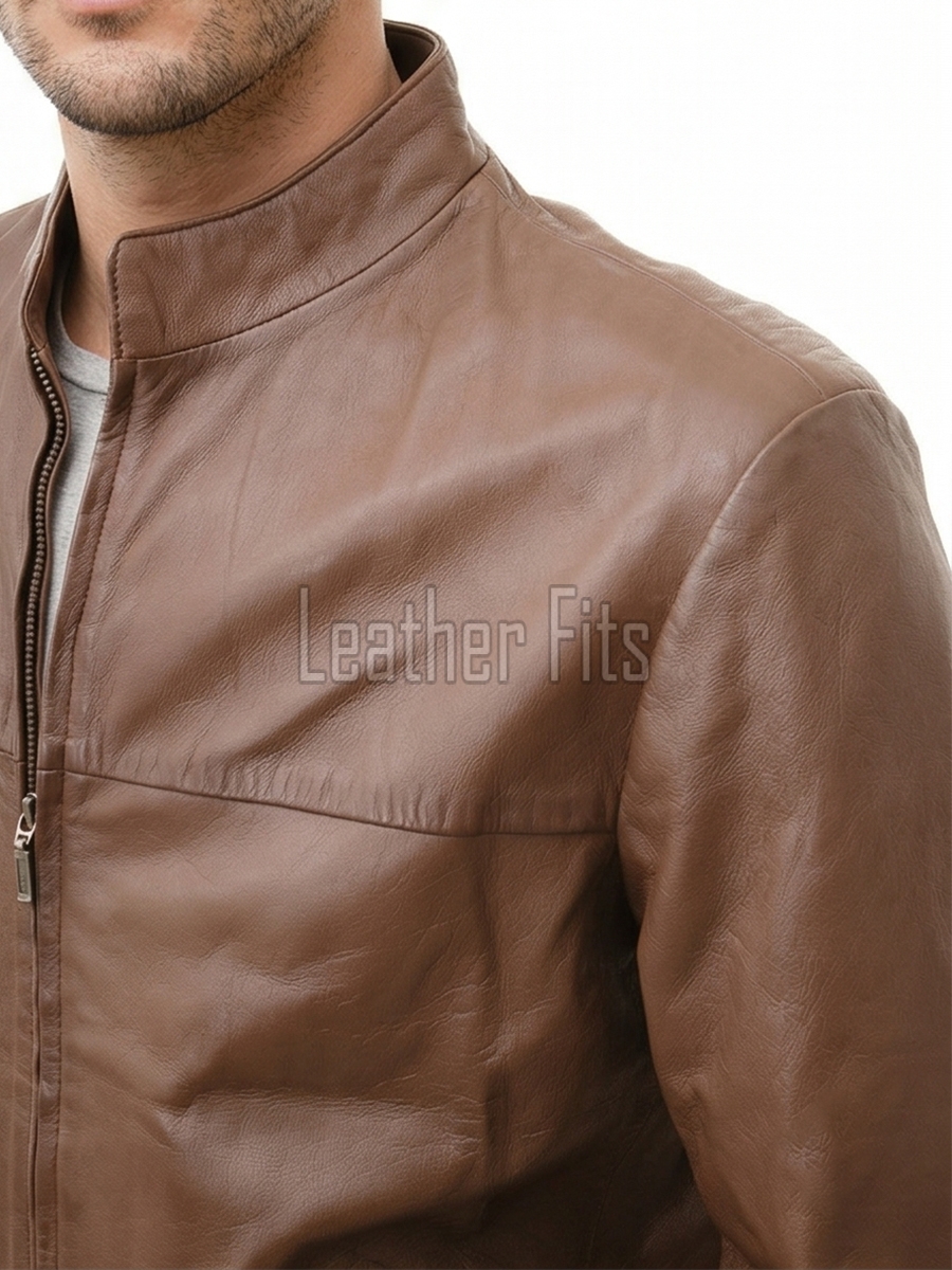 Men Brown Leather Jacket - Premium Sheepskin Sleek Mandarin Stand Collar Minimalist Horizontal Seam Center Zip Casual Lightweight Coat