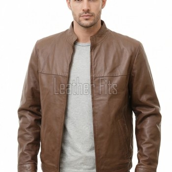Men Brown Leather Jacket - Premium Sheepskin Sleek Mandarin Stand Collar Minimalist Horizontal Seam Center Zip Casual Lightweight Coat