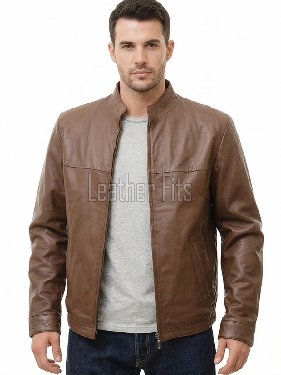 Men Brown Leather Jacket - Premium Sheepskin Sleek Mandarin Stand Collar Minimalist Horizontal Seam Center Zip Casual Lightweight Coat