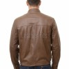 Men Brown Leather Jacket - Premium Sheepskin Sleek Mandarin Stand Collar Minimalist Horizontal Seam Center Zip Casual Lightweight Coat
