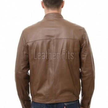 Men Brown Leather Jacket - Premium Sheepskin Sleek Mandarin Stand Collar Minimalist Horizontal Seam Center Zip Casual Lightweight Coat