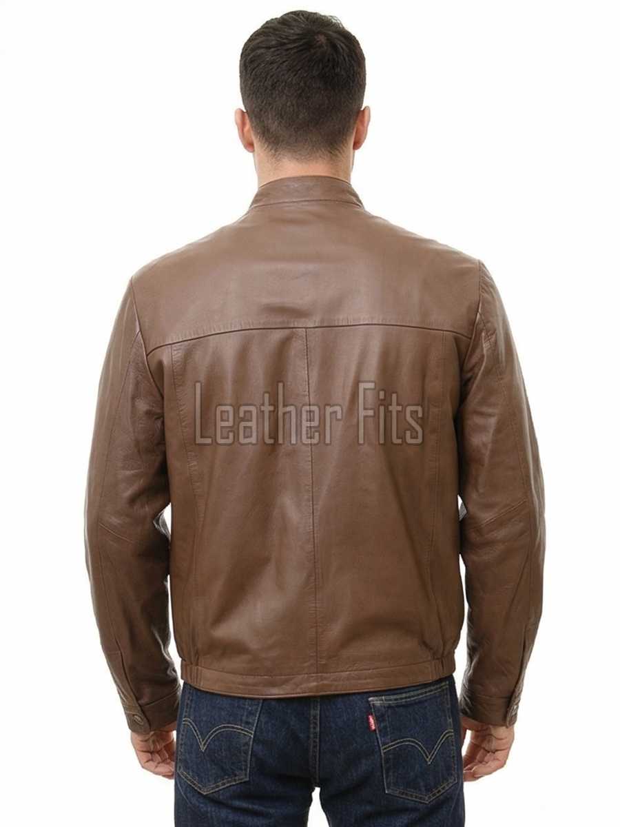 Men Brown Leather Jacket - Premium Sheepskin Sleek Mandarin Stand Collar Minimalist Horizontal Seam Center Zip Casual Lightweight Coat
