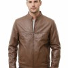 Men Brown Leather Jacket - Premium Sheepskin Sleek Mandarin Stand Collar Minimalist Horizontal Seam Center Zip Casual Lightweight Coat