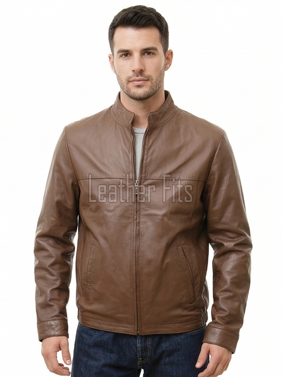 Men Brown Leather Jacket - Premium Sheepskin Sleek Mandarin Stand Collar Minimalist Horizontal Seam Center Zip Casual Lightweight Coat