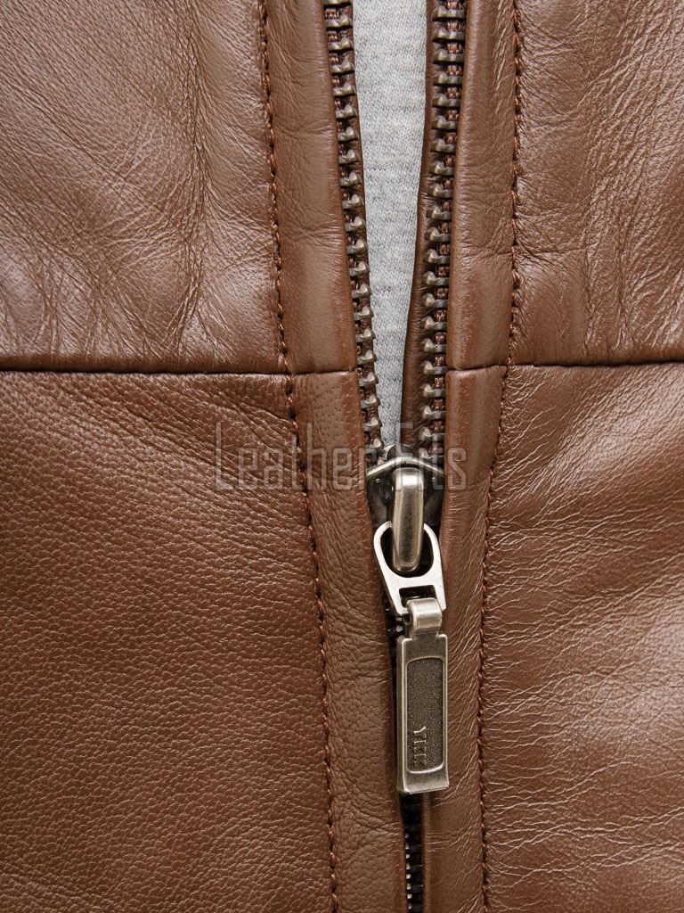 Men Brown Leather Jacket - Premium Sheepskin Sleek Mandarin Stand Collar Minimalist Horizontal Seam Center Zip Casual Lightweight Coat