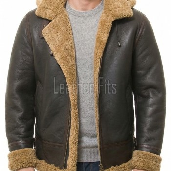 Men Brown Leather Jacket - Premium Aviator B3 Shearling Bomber Coat Wide Faux Wool Collar Warm Winter Flight Thick Windbreaker Tactical Men