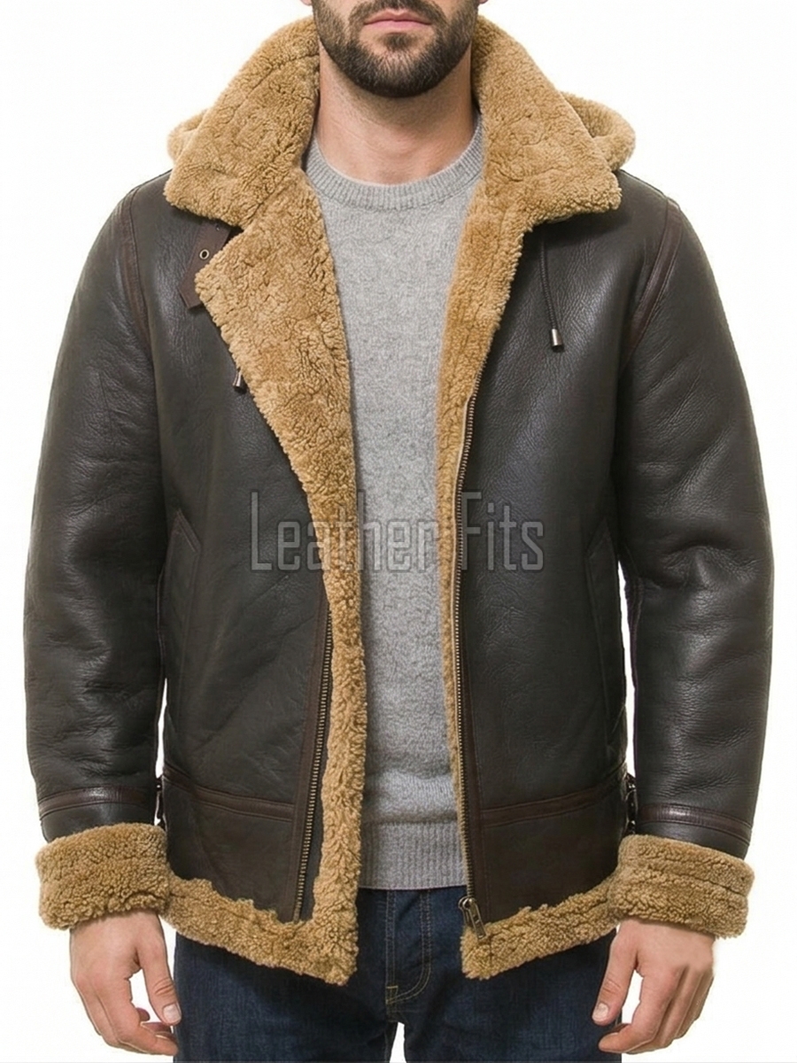 Men Brown Leather Jacket - Premium Aviator B3 Shearling Bomber Coat Wide Faux Wool Collar Warm Winter Flight Thick Windbreaker Tactical Men
