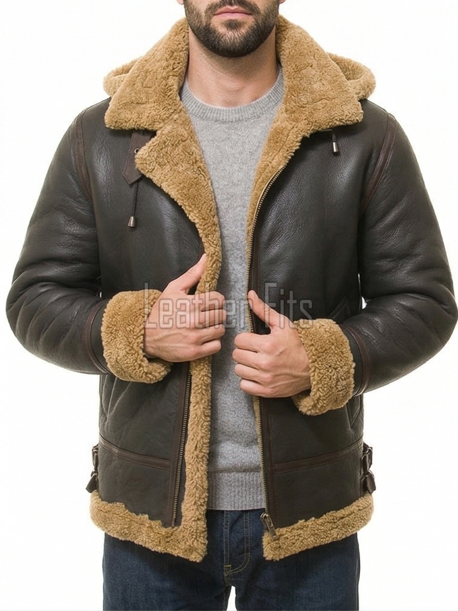 Men Brown Leather Jacket - Premium Aviator B3 Shearling Bomber Coat Wide Faux Wool Collar Warm Winter Flight Thick Windbreaker Tactical Men
