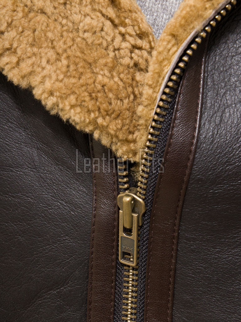 Men Brown Leather Jacket - Premium Aviator B3 Shearling Bomber Coat Wide Faux Wool Collar Warm Winter Flight Thick Windbreaker Tactical Men