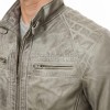 Men Grey Leather Jacket - Premium Distressed Cafe Racer Biker Coat Quilted Shoulder Stand Collar Vintage Washed Multi Pocket Classic Men