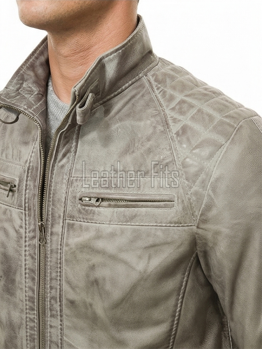 Men Grey Leather Jacket - Premium Distressed Cafe Racer Biker Coat Quilted Shoulder Stand Collar Vintage Washed Multi Pocket Classic Men