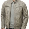 Men Grey Leather Jacket - Premium Distressed Cafe Racer Biker Coat Quilted Shoulder Stand Collar Vintage Washed Multi Pocket Classic Men