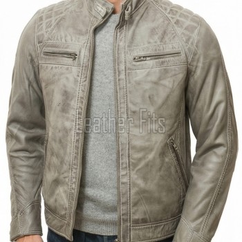 Men Grey Leather Jacket - Premium Distressed Cafe Racer Biker Coat Quilted Shoulder Stand Collar Vintage Washed Multi Pocket Classic Men