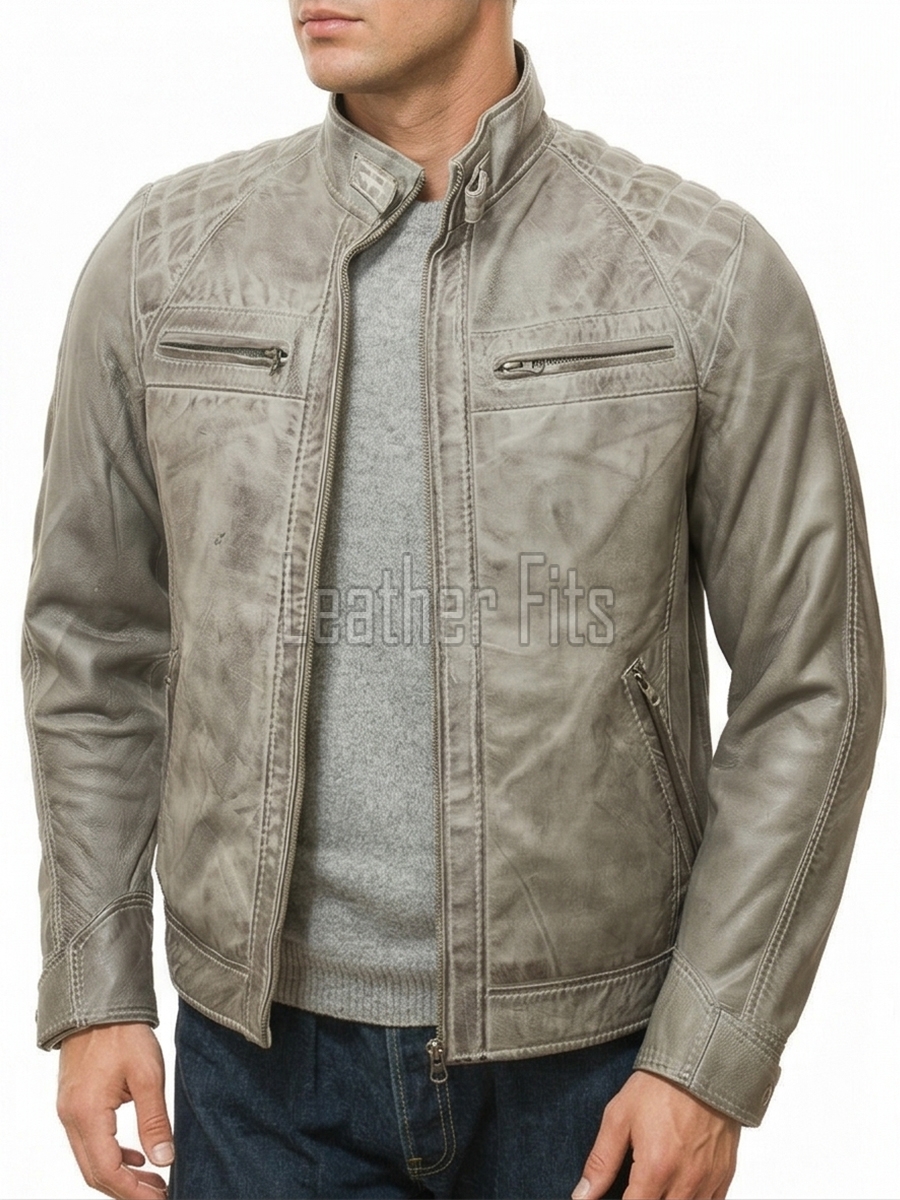 Men Grey Leather Jacket - Premium Distressed Cafe Racer Biker Coat Quilted Shoulder Stand Collar Vintage Washed Multi Pocket Classic Men