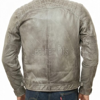 Men Grey Leather Jacket - Premium Distressed Cafe Racer Biker Coat Quilted Shoulder Stand Collar Vintage Washed Multi Pocket Classic Men