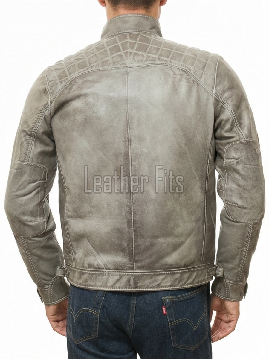 Men Grey Leather Jacket - Premium Distressed Cafe Racer Biker Coat Quilted Shoulder Stand Collar Vintage Washed Multi Pocket Classic Men