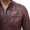 Men Maroon Leather Jacket - Premium Oxblood Cafe Racer Biker Coat Quilted Shoulder Stand Collar Vintage Washed Multi Pocket Burgundy Men