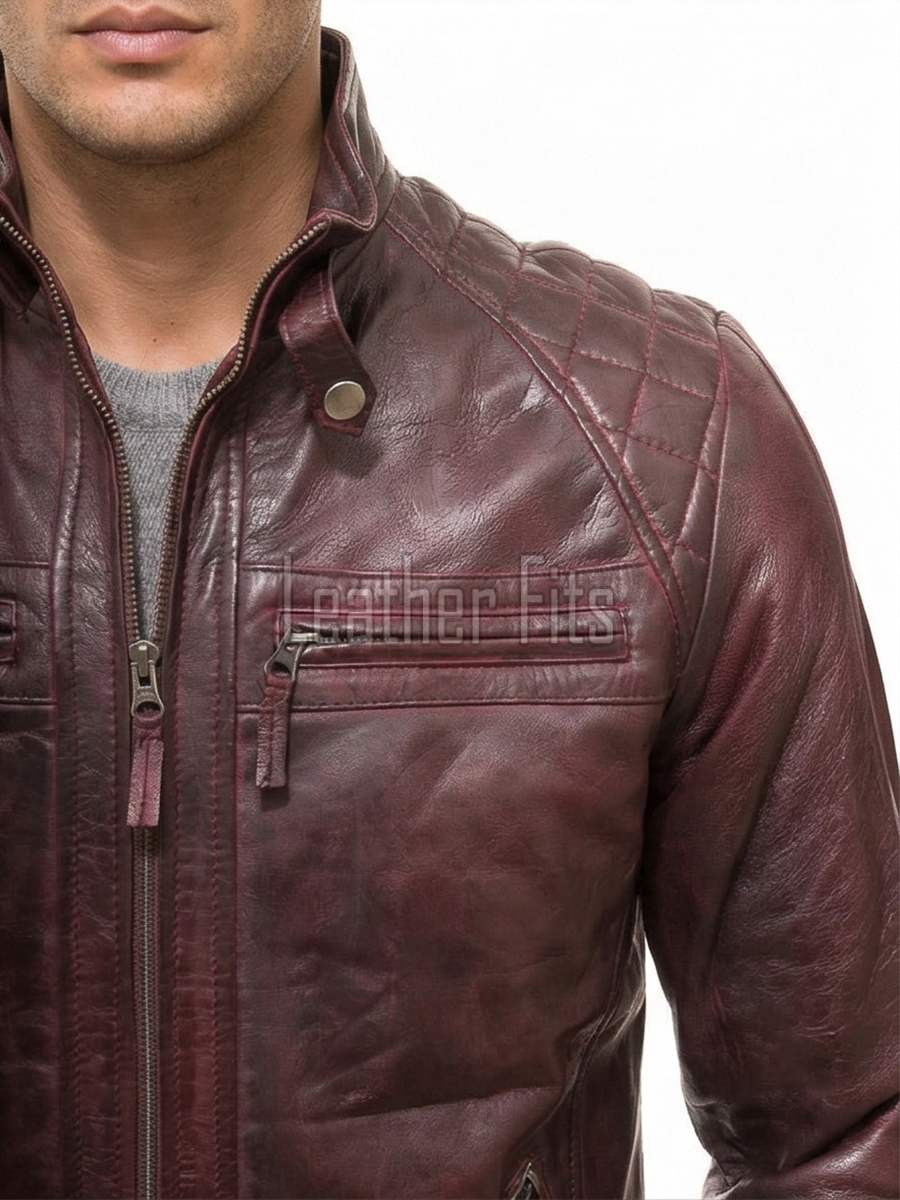 Men Maroon Leather Jacket - Premium Oxblood Cafe Racer Biker Coat Quilted Shoulder Stand Collar Vintage Washed Multi Pocket Burgundy Men