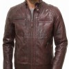 Men Maroon Leather Jacket - Premium Oxblood Cafe Racer Biker Coat Quilted Shoulder Stand Collar Vintage Washed Multi Pocket Burgundy Men
