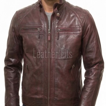 Men Maroon Leather Jacket - Premium Oxblood Cafe Racer Biker Coat Quilted Shoulder Stand Collar Vintage Washed Multi Pocket Burgundy Men