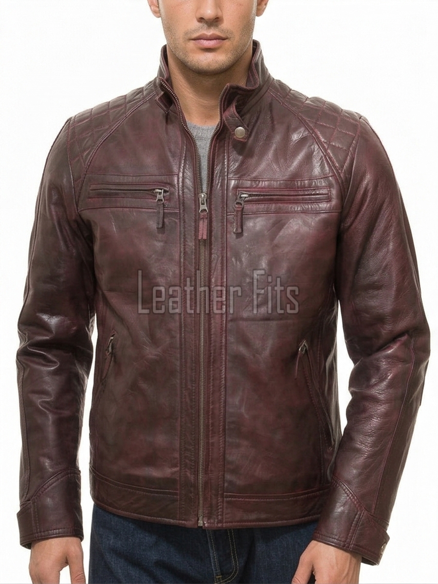 Men Maroon Leather Jacket - Premium Oxblood Cafe Racer Biker Coat Quilted Shoulder Stand Collar Vintage Washed Multi Pocket Burgundy Men
