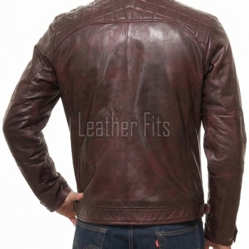 Men Maroon Leather Jacket - Premium Oxblood Cafe Racer Biker Coat Quilted Shoulder Stand Collar Vintage Washed Multi Pocket Burgundy Men