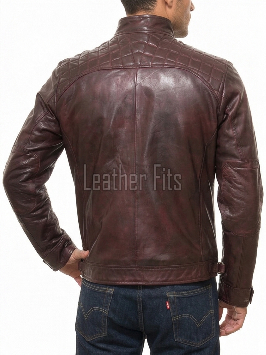 Men Maroon Leather Jacket - Premium Oxblood Cafe Racer Biker Coat Quilted Shoulder Stand Collar Vintage Washed Multi Pocket Burgundy Men