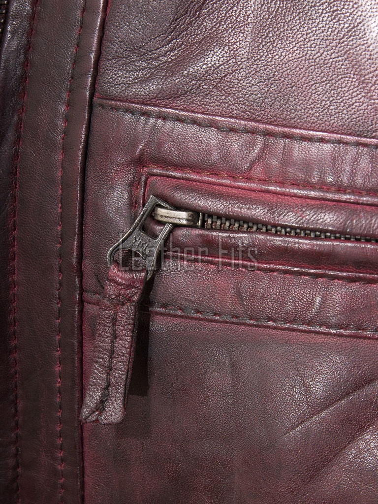 Men Maroon Leather Jacket - Premium Oxblood Cafe Racer Biker Coat Quilted Shoulder Stand Collar Vintage Washed Multi Pocket Burgundy Men