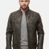 Men Brown Leather Jacket - Premium Distressed Cafe Racer Biker Coat Quilted Shoulder Stand Collar Vintage Washed Multi Pocket Classic Men