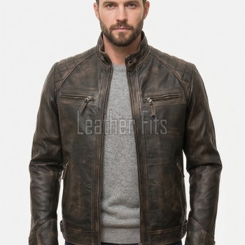 Men Brown Leather Jacket - Premium Distressed Cafe Racer Biker Coat Quilted Shoulder Stand Collar Vintage Washed Multi Pocket Classic Men