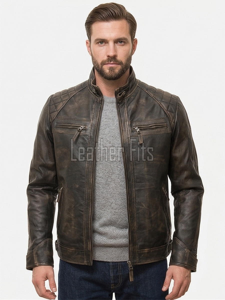 Men Brown Leather Jacket - Premium Distressed Cafe Racer Biker Coat Quilted Shoulder Stand Collar Vintage Washed Multi Pocket Classic Men