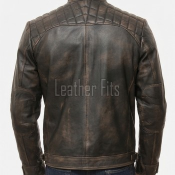 Men Brown Leather Jacket - Premium Distressed Cafe Racer Biker Coat Quilted Shoulder Stand Collar Vintage Washed Multi Pocket Classic Men