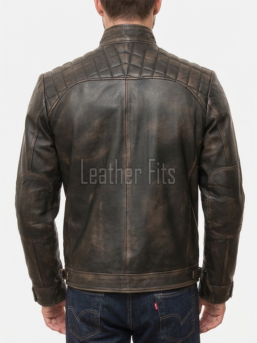 Men Brown Leather Jacket - Premium Distressed Cafe Racer Biker Coat Quilted Shoulder Stand Collar Vintage Washed Multi Pocket Classic Men
