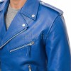 Men Blue Leather Jacket - Premium Electric Blue Brando Biker Coat Asymmetric Zip Shoulder Epaulets Belted Punk Rock Heavy Moto Rider Men