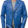 Men Blue Leather Jacket - Premium Electric Blue Brando Biker Coat Asymmetric Zip Shoulder Epaulets Belted Punk Rock Heavy Moto Rider Men